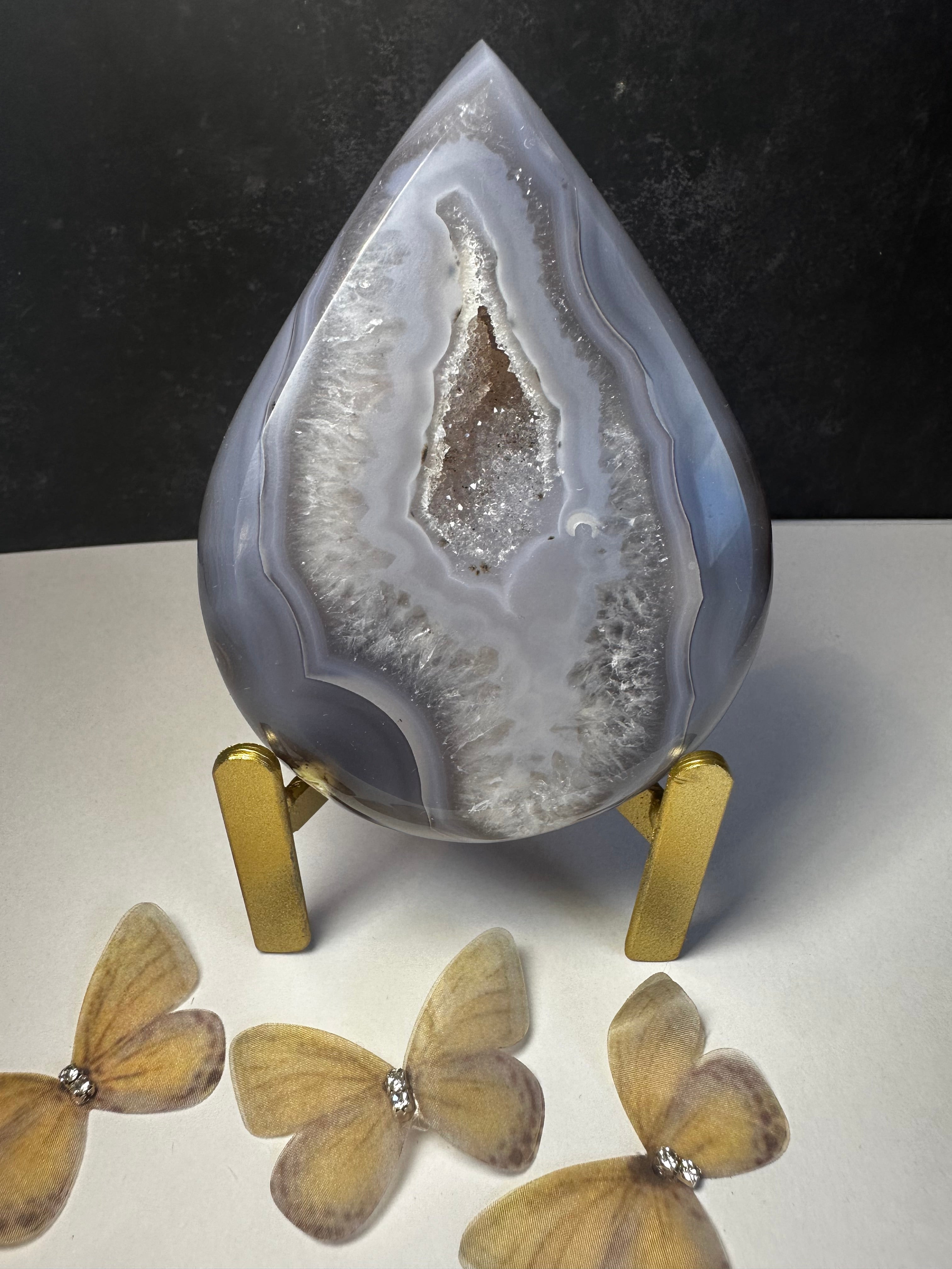 Grey/blue agate tear drop on stand