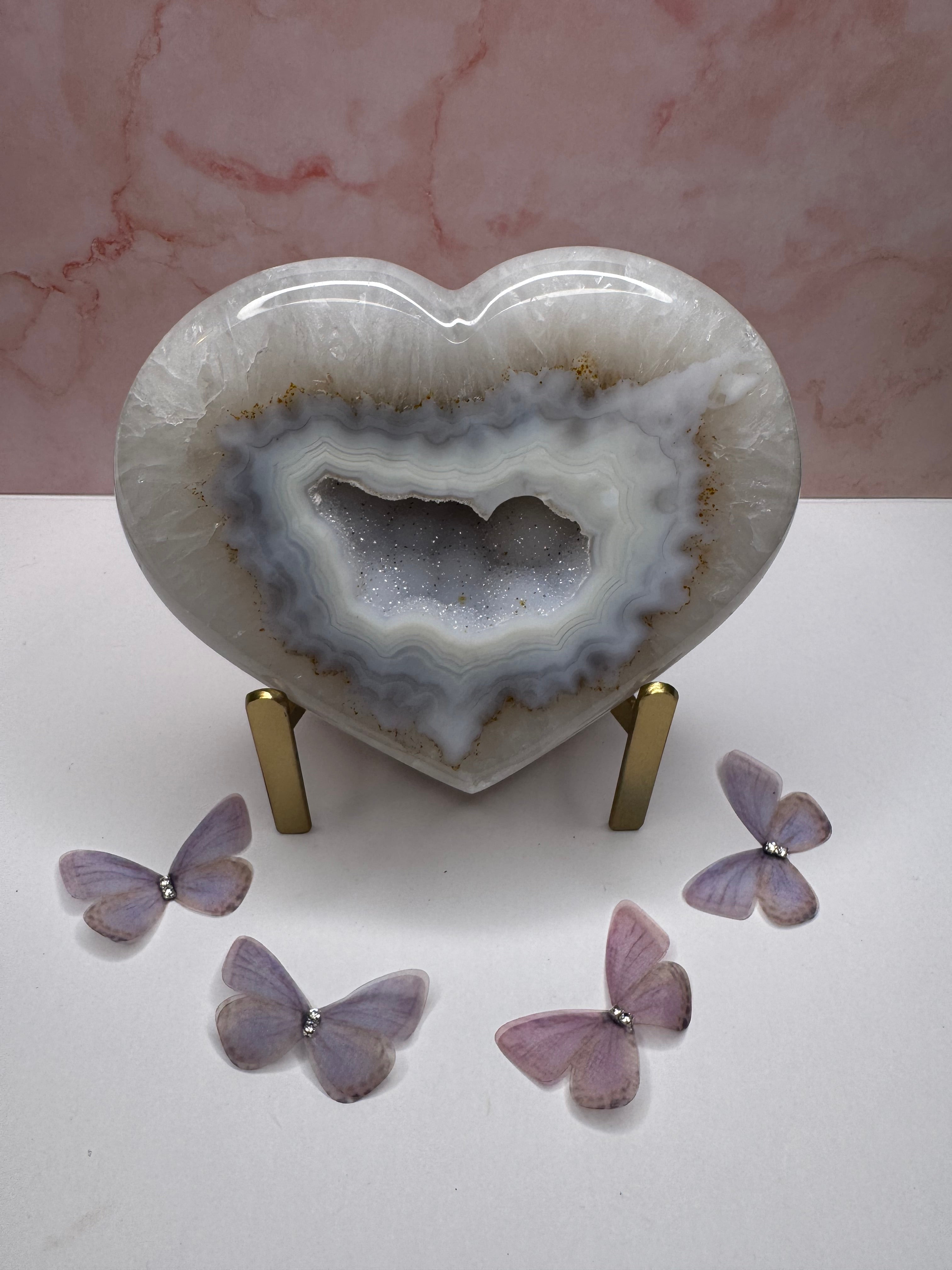 Blue/brown druzy agate heart on stand