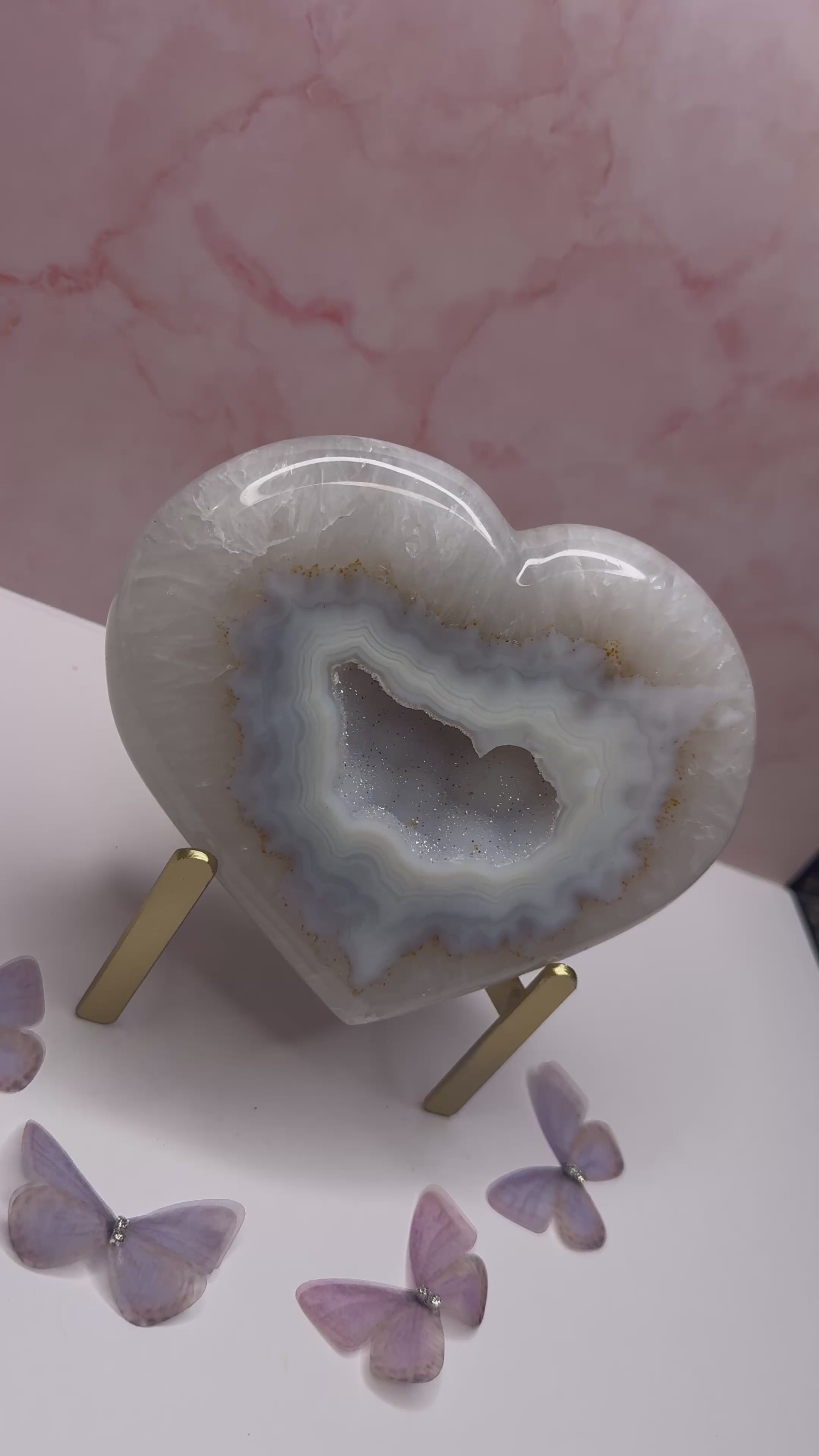 Blue/brown druzy agate heart on stand